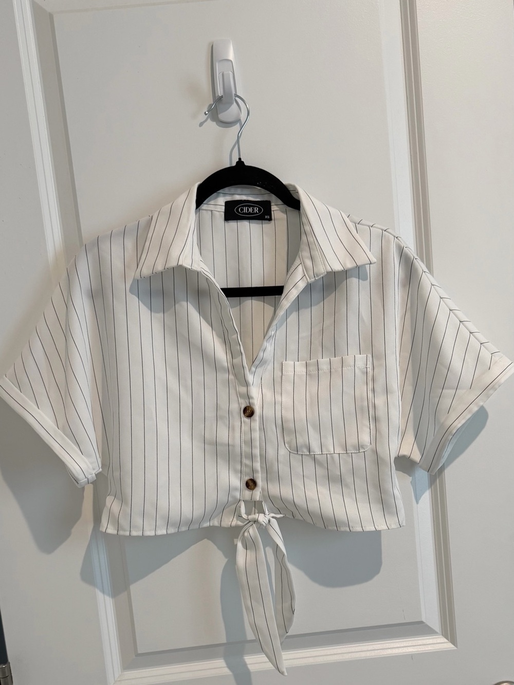 Cider White Pinstripe Tie-Front Button Shirt Crop